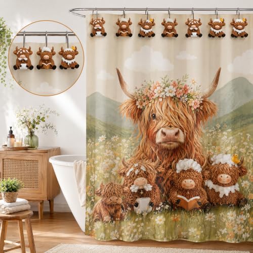 Highland Cow Shower Curtain Hooks - Rustic Farmhouse Decor (12 Pack)