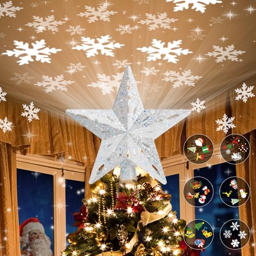 Lighted Christmas Tree Topper Star with 6 Projection Modes Silver - Rotating 3D Sparkling Decor