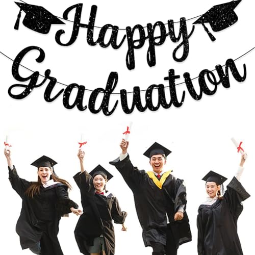 Black Glitter Happy Graduation Banner - Pre-Assembled Party Decor