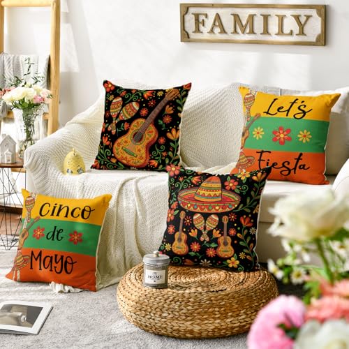 Cinco de Mayo Throw Pillow Covers 18x18, Set of 4 Fiesta Cushion Cases