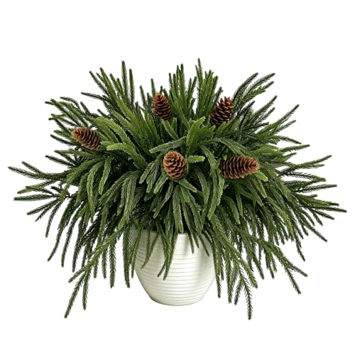 Artificial Norfolk Pine Branches with Pinecones - 16 Pcs, 18 Inch Greenery for Holiday Decor, DIY Garland, Vase Filler (Variation: 16Norfolk Pine+5Pinecone)
