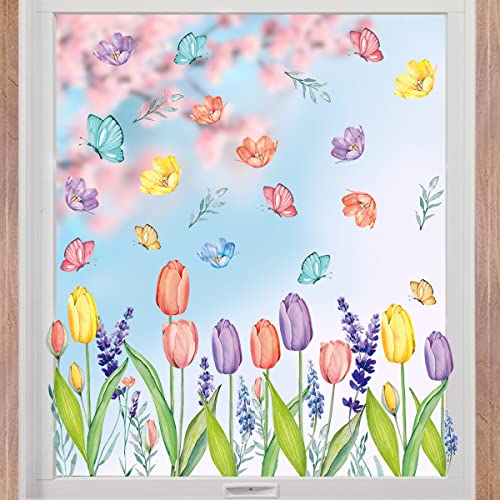 67 PCS Spring Summer Window Cling Stickers - Tulip & Butterfly Decor