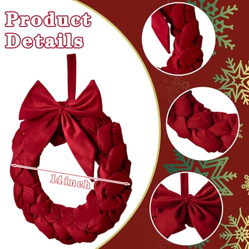 Christmas Velvet Wreath with Bow 14 Inch Front Door Decor in Red - Holiday Home Decoration