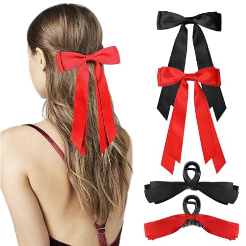 Ahoney 4 Pack Black and Red Satin Hair Bows with Long Tails and Clips