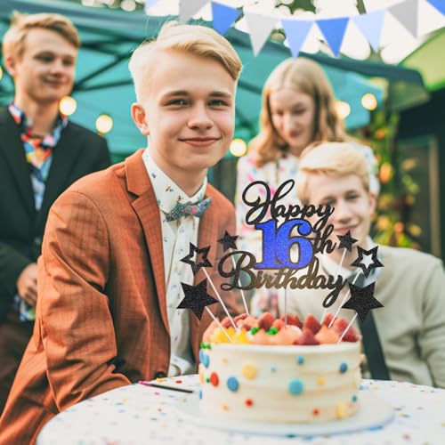 Happy 16th Birthday Cake Topper - Black Blue Glitter Decoration