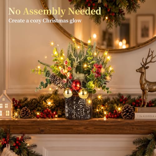 Christmas Centerpiece with Lights and Timer - Mini Tree with Reindeer, Pine Cones & Berries