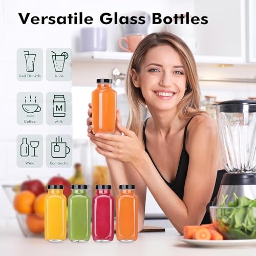8 oz Glass Juice Bottles with Black Lids - 3 Pack Reusable Storage Jars