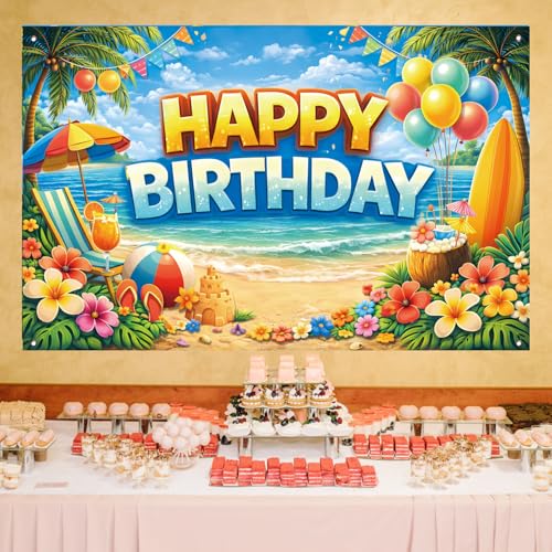Happy Birthday Beach Backdrop Banner - Tropical Luau Photo Booth (71 x 43 in)