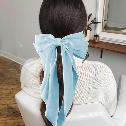GANPUB Light Blue Jumbo Satin Bow Hair Clip Large French Barrette