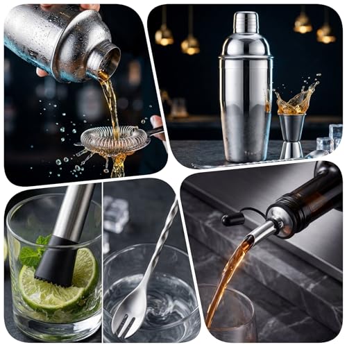Cocktail Shaker Set Bartender Kit,Professional Bar Set, Martini Shaker, Jigger, Strainer, Mixer Spoon, Muddler, Liquor Pourers Ideal Bar Accessories for Home, Gift for Christmas, Birthday, Beginners