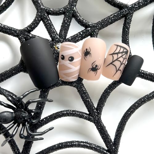 KKUUOO Halloween Press on Nails Cute Ghost & Spider Web Square False Nails