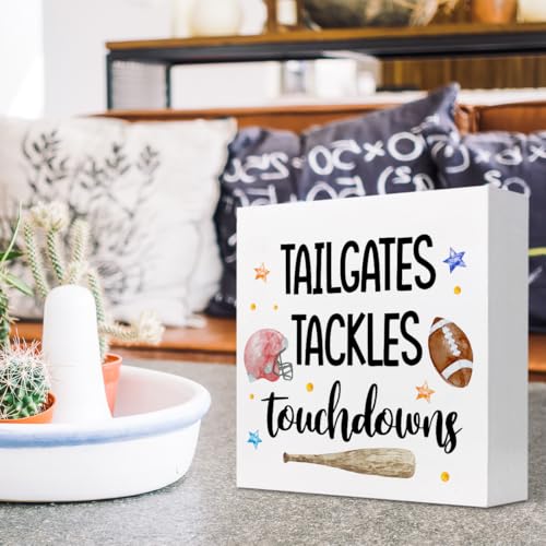 Tailgates Rugby Wood Block Sign - Rustic Desk Decor for Home