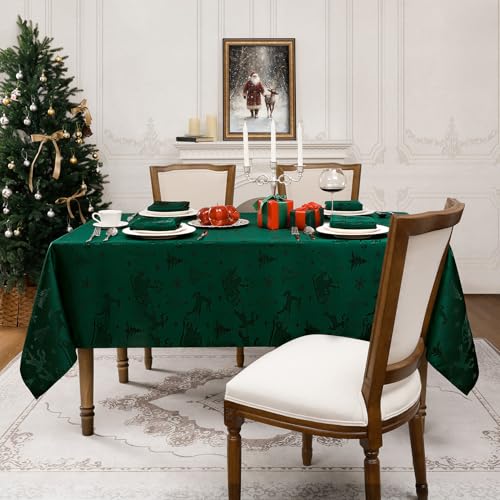 Romanstile Christmas Jacquard Rectangular Tablecloth 60 x 144 Inches - Green Xmas Deer & Tree