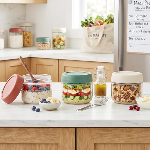 Povinmos 10oz 3-Pack Glass Food Storage Containers with Lids, Meal Prep Jars