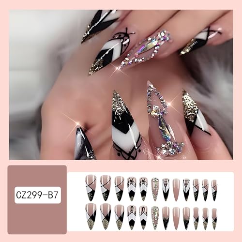 Long Coffin Press on Nails Rhinestone Gold Glitter French Fake Nails