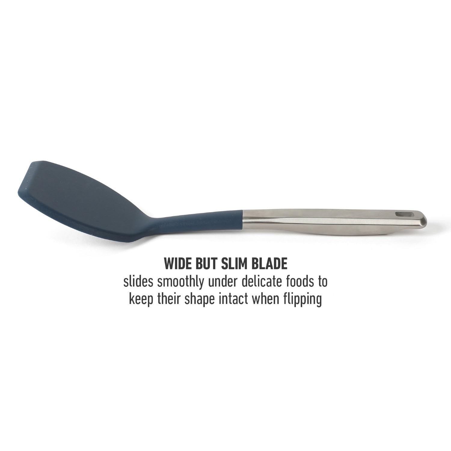 Calphalon Prime Stainless Steel Turner with Navy Blue Silicone Head, Heat Resistant Kitchen Spatula for Flipping, Cooking, Grilling, and Serving, Durable Non Scratch Cooking Utensil