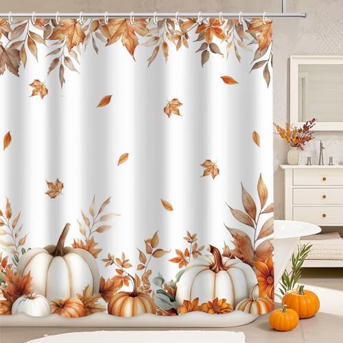 MEHOFOND Fall Pumpkin Shower Curtain, Orange Autumn Maple Leaf Decor 72x72