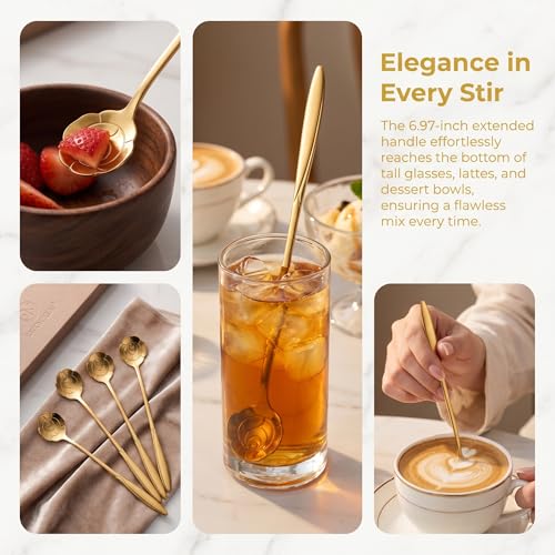 Gold Rose Iced Tea Spoons Set of 4 - Long Handle Stainless Steel
