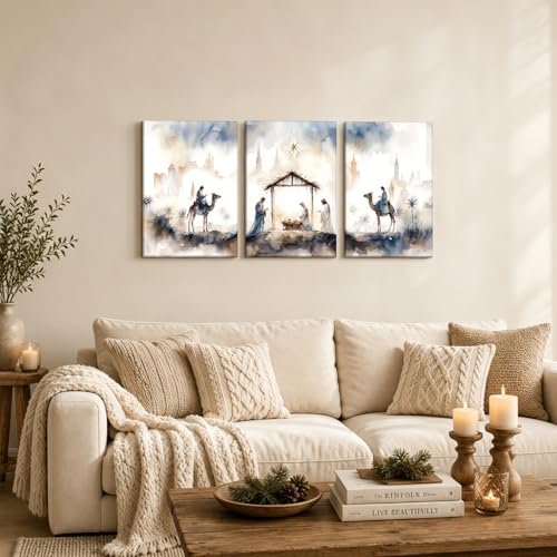 Religious Wall Art Set of 3 Nativity Scene Canvas Prints 16x24 Inches - Blue-Gray