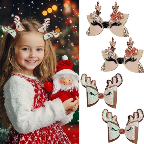 Christmas Reindeer Antler Bow Hair Clips Set of 4 Glitter Holiday Barrettes