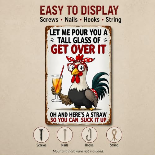 FunnySign Chicken Decor Old Rooster and Cute Chick Metal Wall Art 8x12