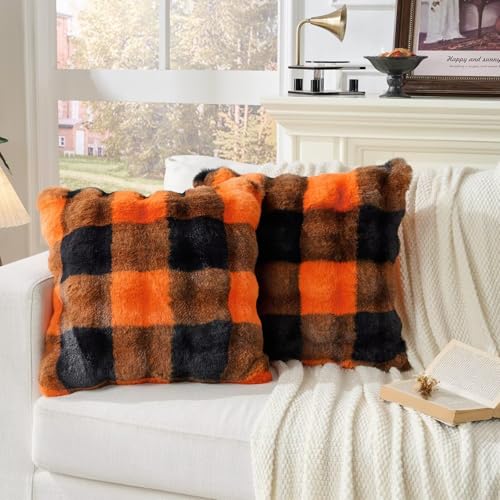 Set of 2 Cozy Faux Fur Throw Pillow Covers - 18x18 Inch Orange-Black Grid