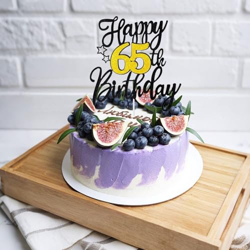 65th Birthday Cake Topper - Black Gold Glitter Decoration
