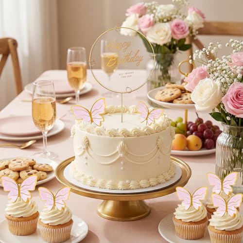 Butterfly Cake Toppers Set - 10 Pink Decorations with Gold Happy Birthday Topper