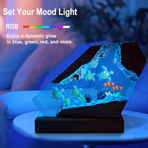 Handmade Sea Turtle Resin Ocean Lamp with Wood Base - S Variation