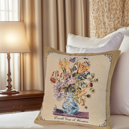 Jacquard Woven Floral Pillow Cover 18x18 | Vintage Tapestry Cushion for Sofa & Bed