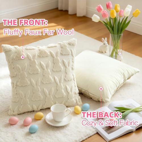 OTOSTAR Cream Beige Bunny Easter Throw Pillow Cover 20x20 Plush Faux Fur