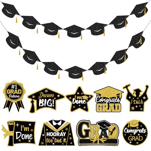 2026 Graduation Decorations - Pre-Strung Black Glitter Banner with Gold Tassels