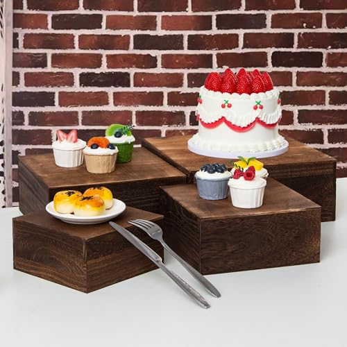 12-Inch Wooden Cake Stands Set - Antique Brown, 4 Pieces