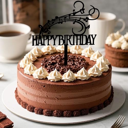 Musical Note Happy Birthday Cake Topper - Black Acrylic Decoration