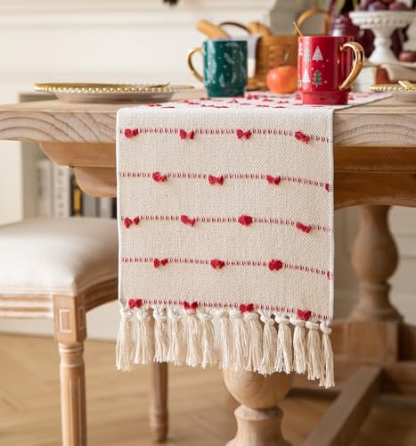 Caflife Christmas Table Runner 13x72 Inch Boho Red & Beige Cotton with Tassels