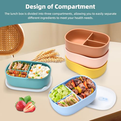 Leakproof Bento Box - 1 Pack Silicone Lunch Container with 3 Compartments