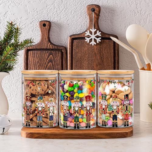 Gold Nutcracker Christmas Glass Storage Jars Set with Lids - 3 Pack