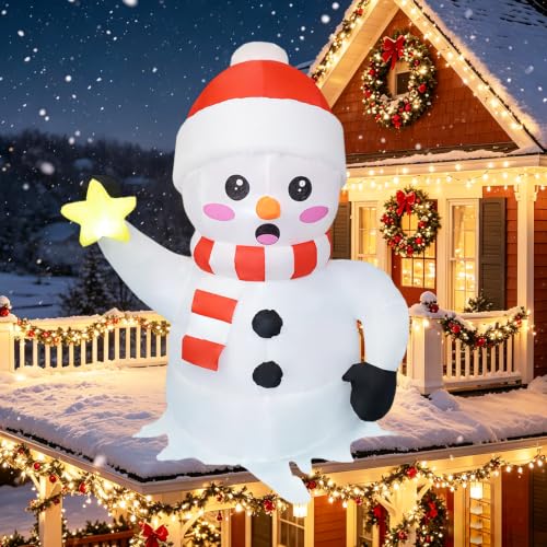 Roof Snowman Inflatable Christmas Decor 6 FT Outdoor Blow Up Snowman with Glowing Star