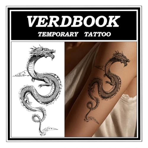 VERDBOOK Semi-Permanent Dragon Temporary Tattoo Sheets - Waterproof Realistic Body Art
