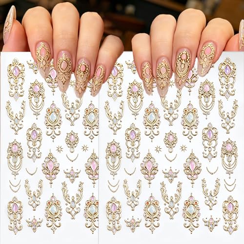 Porszova 3D Embossed Gold Gemstone Nail Stickers - 2 Sheets