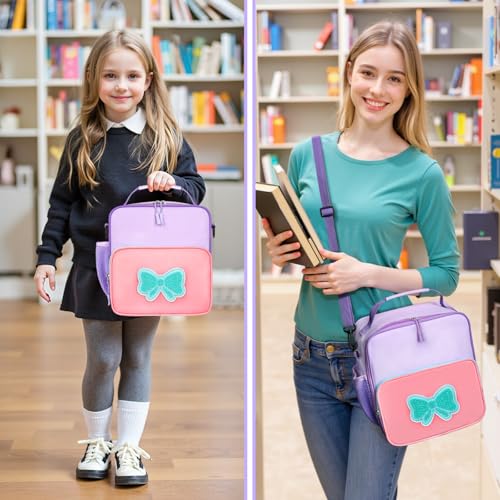 Insulated Kids Lunch Bag with Bow Patch - Pink Purple School Lunch Box