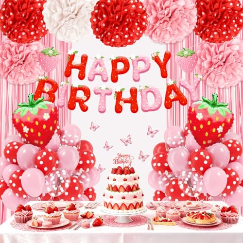 Strawberry Birthday Party Decorations Kit with Balloons & Pompoms