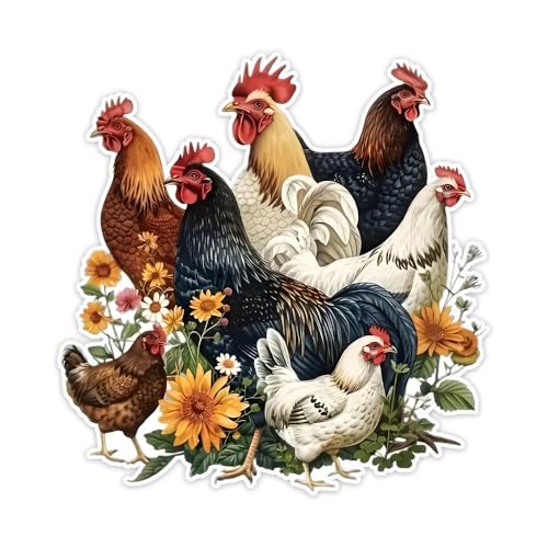 Vivid Chicken and Flower Vinyl Decal Stickers - 2 Pack, 4.92"x5.12"