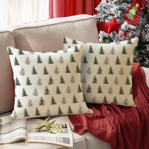 RABUSOFA Christmas Tree Pillow Covers 18x18, Set of 2 Green Holiday Decor
