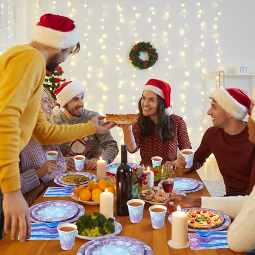 Winter Snowflake Paper Plates and Napkins Set - Blue and Purple, Serve 50