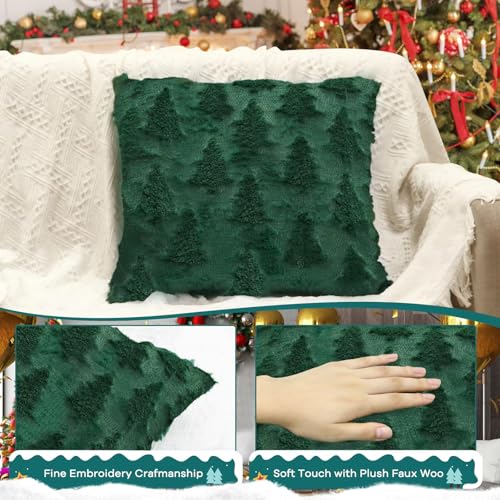 ANOOVV 18x18 Green Christmas Tree Pillow Covers, Set of 2 Soft Plush Cases