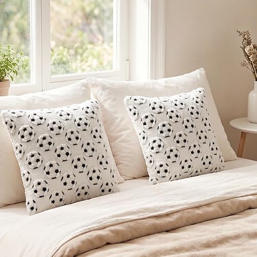 Soccer Throw Pillow Covers 18x18 Set of 2 - Plush Embroidered Sport Decor