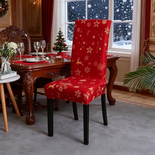 Christmas Dining Chair Covers Set of 4 - Spandex Parsons Chair Slipcovers with Holiday Decor