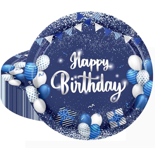 20pcs Blue and Silver Happy Birthday Paper Plates, 9 Inch Disposable Plates