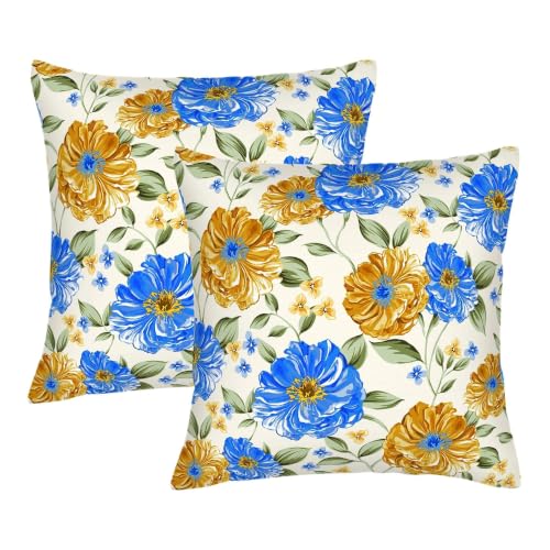 Weiscode 18x18 Floral Throw Pillow Covers - Blue & Yellow Farmhouse Set of 2